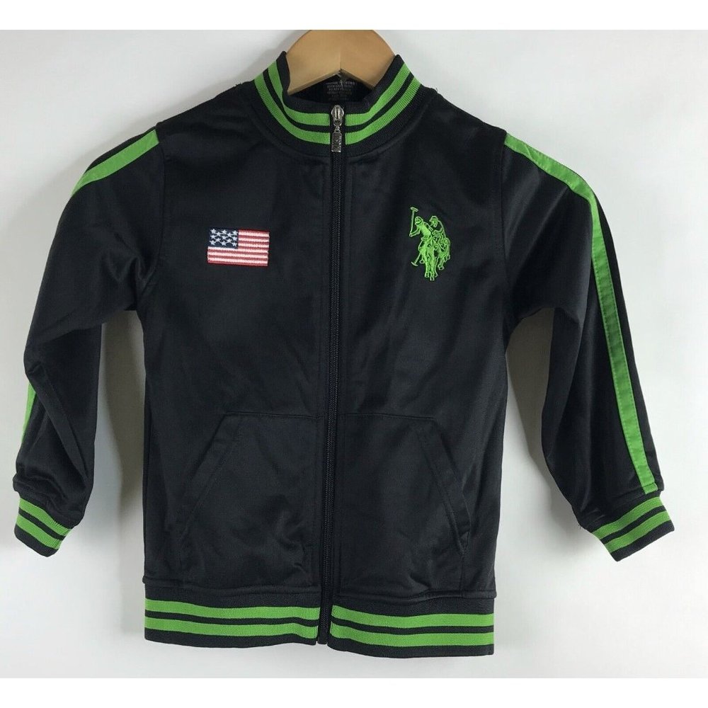 US POLO ASSOCIATION Boys Black Green Track Jacket USA Flag‎ Size 5/6